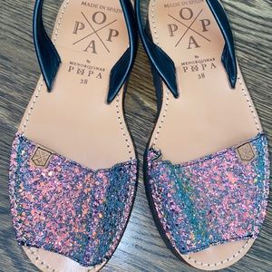 Sparkly low platform sandals with leather straps